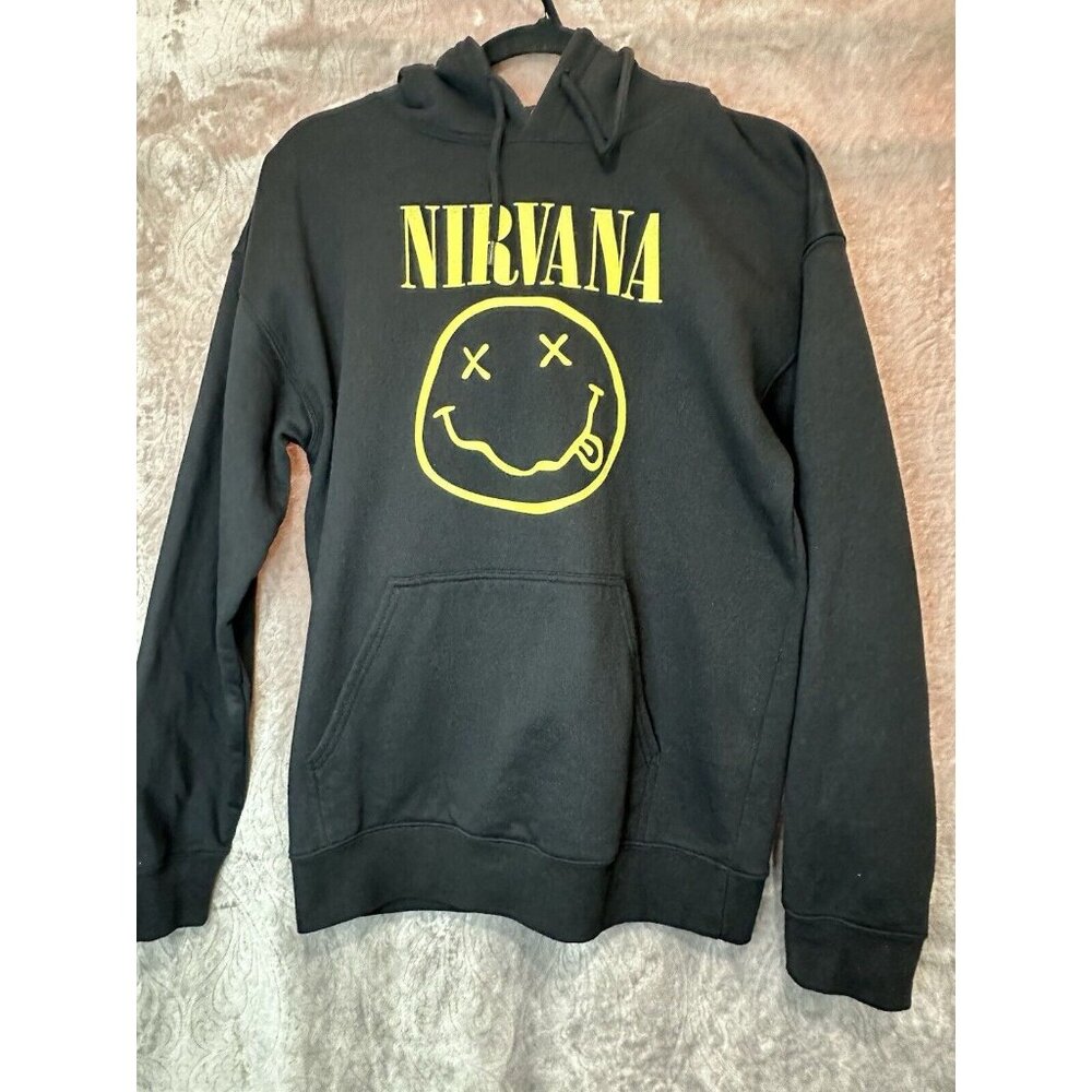 Nirvana Black Hooded Kangaroo Pocket Pull Over Sweater S W/ Free Nirvana shirt